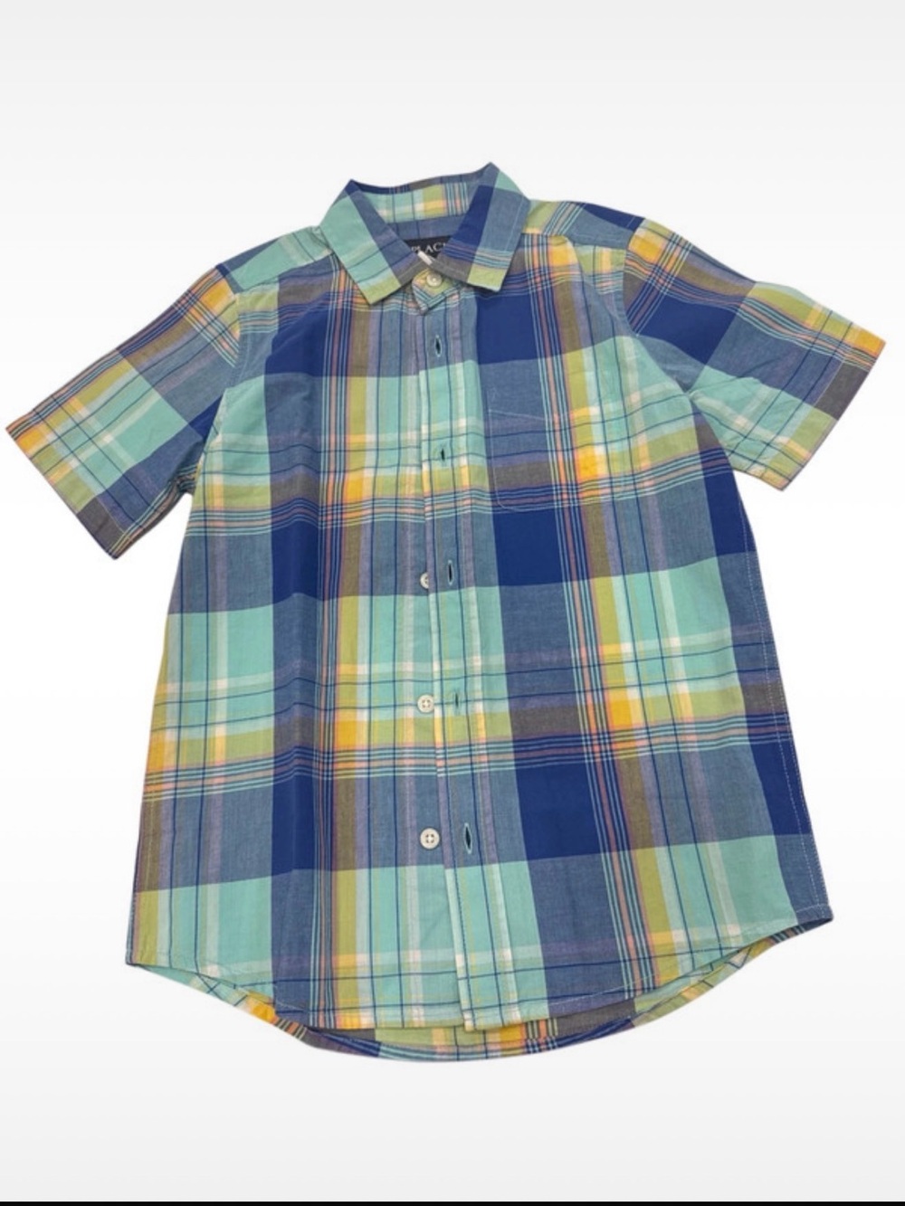 NWOT! Boys Short-Sleeve Plaid Button-Up Shirt - Blue/Green, size 7/8